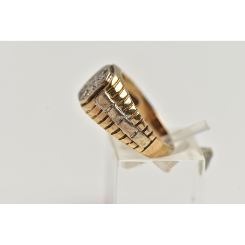 70 - A 9CT GOLD DIAMOND SIGNET RING, of a square outline, set with nine single cut diamonds, estimated to... 