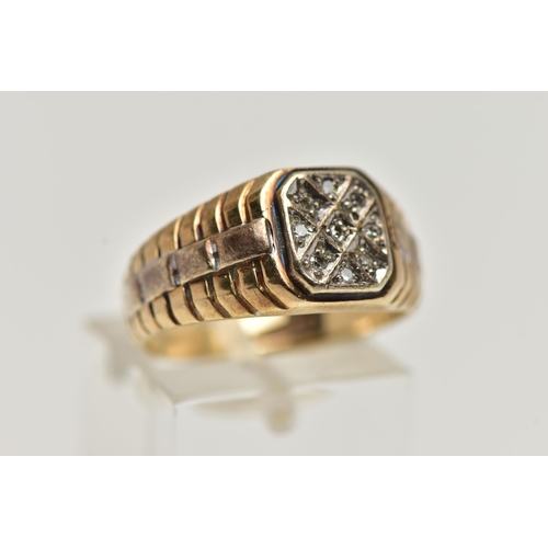 70 - A 9CT GOLD DIAMOND SIGNET RING, of a square outline, set with nine single cut diamonds, estimated to... 