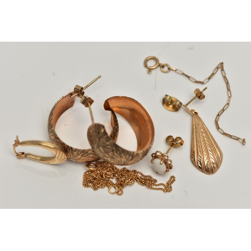 71 - A BAG OF ASSORTED JEWELLERY, to include a pair of yellow metal half hoop earrings, diamond cut patte... 