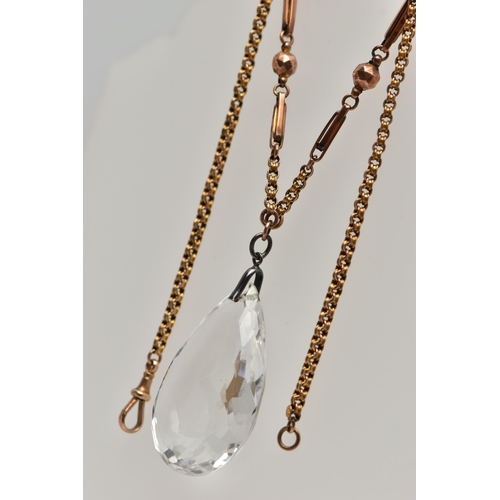 73 - AN EARLY 20TH CENTURY ROCK CRYSTAL PENDANT, TOGETHER WITH A VICTORIAN CHAIN, the faceted rock crysta... 