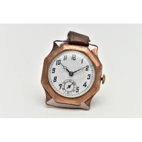 75 - A 9CT ROSE GOLD WRISTWATCH, manual wind, round white dial, Arabic numerals, subsidiary dial at the s... 