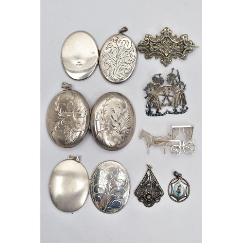 84 - A BOX OF SILVER AND WHITE  METAL JEWELLERY, to include a small white metal guilloche enamel pendant,... 