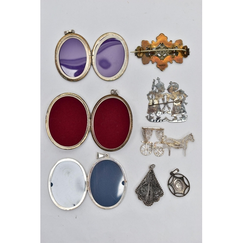 84 - A BOX OF SILVER AND WHITE  METAL JEWELLERY, to include a small white metal guilloche enamel pendant,... 