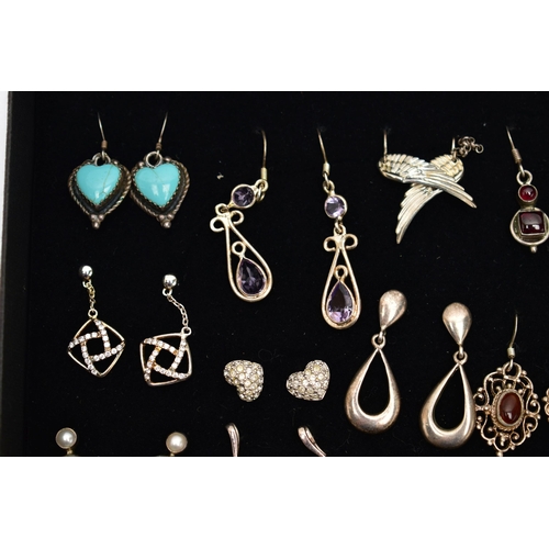 86 - A BOX OF ASSORTED EARRINGS, all white metal earrings for pierced ears, of various designs, some set ... 