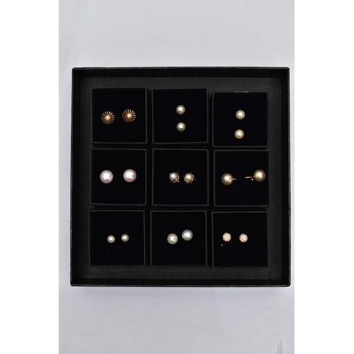 87 - A BOX OF ASSORTED EARRINGS, nine pairs in total, to include seven pairs of cultured pearl stud earri... 