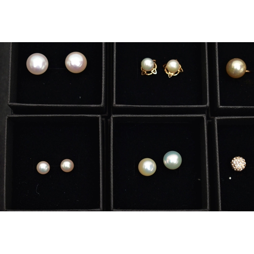 87 - A BOX OF ASSORTED EARRINGS, nine pairs in total, to include seven pairs of cultured pearl stud earri... 