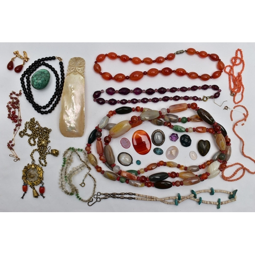 89 - A BAG OF ASSORTED SEMI-PRECIOUS GEMSTONE JEWELLERY, to include a long banded agate, carnelian and av... 