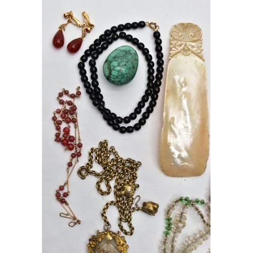 89 - A BAG OF ASSORTED SEMI-PRECIOUS GEMSTONE JEWELLERY, to include a long banded agate, carnelian and av... 