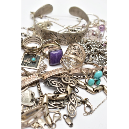 93 - A BAG OF ASSORTED WHITE METAL JEWELLERY, to include four silver rings of various designs all hallmar... 