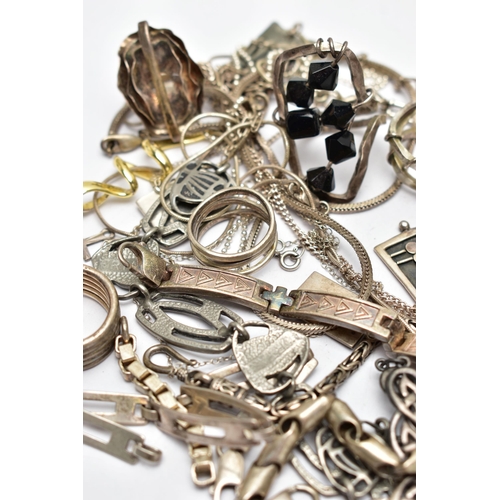 93 - A BAG OF ASSORTED WHITE METAL JEWELLERY, to include four silver rings of various designs all hallmar... 