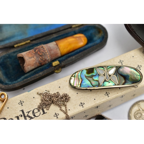 94 - A PAIR OF 'ASPREY LONDON' OPERA GLASSES, AMBER CHEROOT AND OTHER ITEMS, a pair of folding opera glas... 