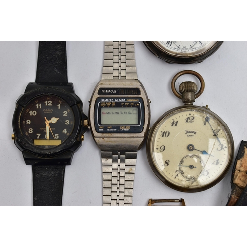 96 - FOUR WATCHES AND TWO POCKET WATCHES, to include a gents 'Sekonda 23 jewels' fitted with a worn black... 