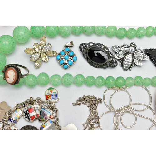 97 - A BAG OF WHITE METAL JEWELLERY AND BEADED NECKLACES, to include a white metal charm bracelet fitted ... 