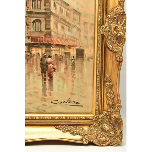 292 - CORTESE (CONTEMPORARY) 'PARIS IN THE RAIN', a Parisian street scene, signed bottom right, oil on can... 