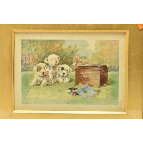 295 - FLORENCE VALTER (20TH CENTURY) 'MUSIC LESSON', three puppies on a lawn are sitting beside a gramopho... 