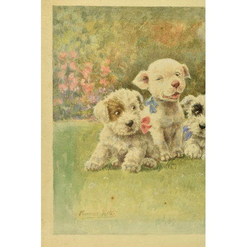 295 - FLORENCE VALTER (20TH CENTURY) 'MUSIC LESSON', three puppies on a lawn are sitting beside a gramopho... 