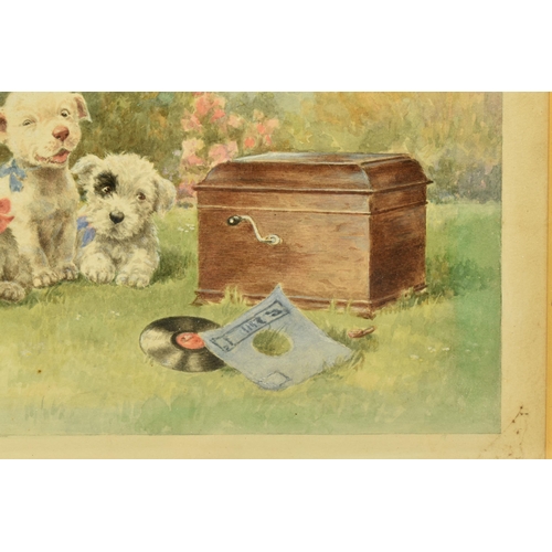 295 - FLORENCE VALTER (20TH CENTURY) 'MUSIC LESSON', three puppies on a lawn are sitting beside a gramopho... 