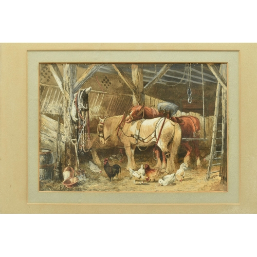 297 - FREDERICK E VALTER (1850-1930) HEAVY HORSES AND CHICKENS IN A STABLE, signed band dated 1880 bottom ... 