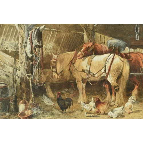 297 - FREDERICK E VALTER (1850-1930) HEAVY HORSES AND CHICKENS IN A STABLE, signed band dated 1880 bottom ... 