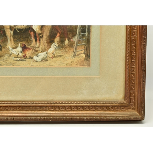 297 - FREDERICK E VALTER (1850-1930) HEAVY HORSES AND CHICKENS IN A STABLE, signed band dated 1880 bottom ... 