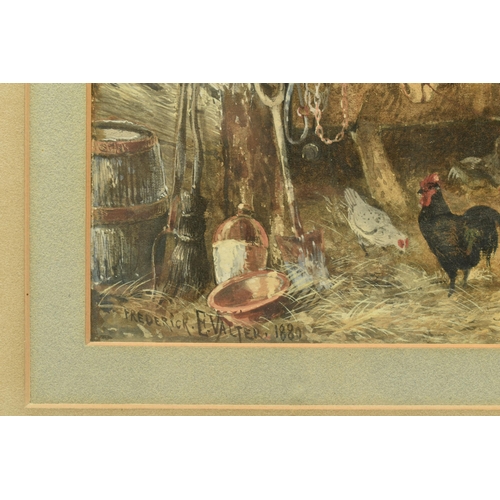 297 - FREDERICK E VALTER (1850-1930) HEAVY HORSES AND CHICKENS IN A STABLE, signed band dated 1880 bottom ... 