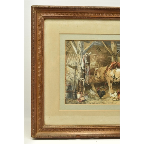 297 - FREDERICK E VALTER (1850-1930) HEAVY HORSES AND CHICKENS IN A STABLE, signed band dated 1880 bottom ... 