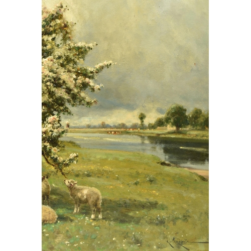 299 - ARTHUR WILLIAM REDGATE (1860-1906) A PASTORAL LANDSCAPE, sheep at rest beneath a tree laden with blo... 