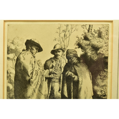 302 - WILLIAM STRANG (1859-1921) 'THE FORTUNE TELLER', an etching depicting three figures standing on a co... 