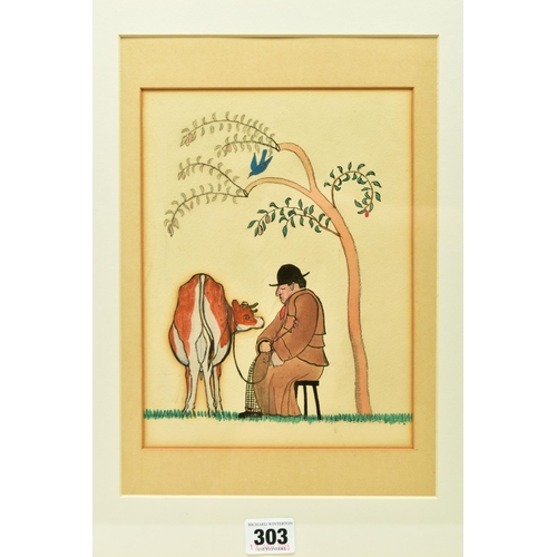 303 - ATTRIBUTED TO ALBERT RUTHERSTON (1881-1953) AN ILLUSTRATION DEPICTING A MAN WITH A COW, no visible s... 