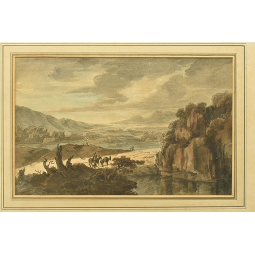 317 - ATTRIBUTED TO ROBERT ADAM (1728-1792) 'A ROMANTIC LANDSCAPE', figures and donkeys on a path leading ... 