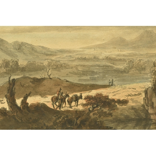 317 - ATTRIBUTED TO ROBERT ADAM (1728-1792) 'A ROMANTIC LANDSCAPE', figures and donkeys on a path leading ... 