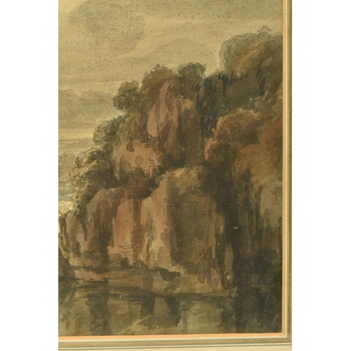 317 - ATTRIBUTED TO ROBERT ADAM (1728-1792) 'A ROMANTIC LANDSCAPE', figures and donkeys on a path leading ... 