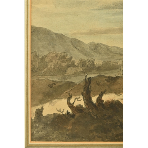 317 - ATTRIBUTED TO ROBERT ADAM (1728-1792) 'A ROMANTIC LANDSCAPE', figures and donkeys on a path leading ... 