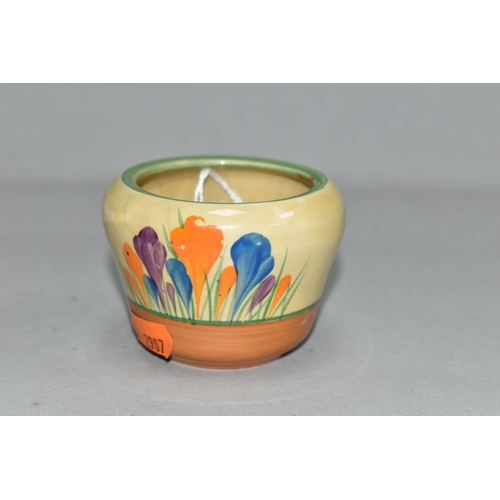 342 - A CLARICE CLIFF CROCUS PATTERN MARMALADE POT, painted with purple, blue and orange crocuses, green a... 