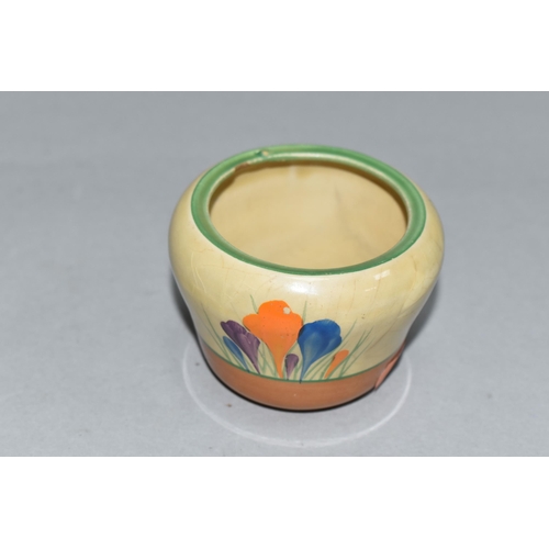 342 - A CLARICE CLIFF CROCUS PATTERN MARMALADE POT, painted with purple, blue and orange crocuses, green a... 