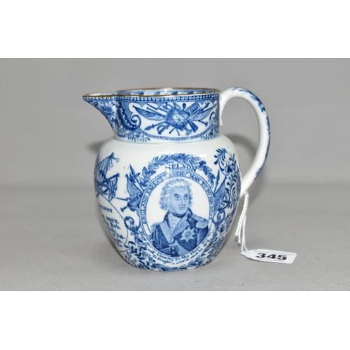 345 - NELSON INTEREST - AN EARLY 19TH CENTURY PEARLWARE BLUE AND WHITE COMMEMORATIVE JUG, brown painted ri... 