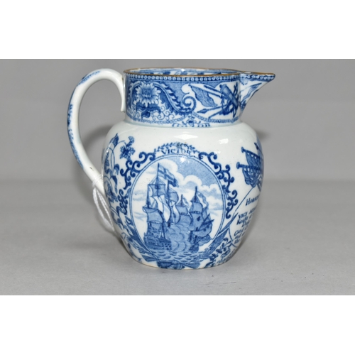 345 - NELSON INTEREST - AN EARLY 19TH CENTURY PEARLWARE BLUE AND WHITE COMMEMORATIVE JUG, brown painted ri... 