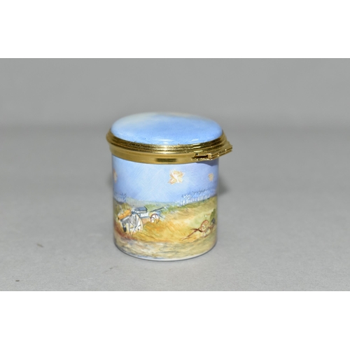 346 - A PETER GRAVES (HERITAGE COLLECTIONS ENGLISH ENAMEL BOXES) CYLINDRICAL BOX WITH HINGED COVER, hand p... 