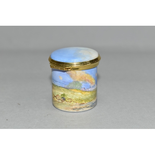 346 - A PETER GRAVES (HERITAGE COLLECTIONS ENGLISH ENAMEL BOXES) CYLINDRICAL BOX WITH HINGED COVER, hand p... 