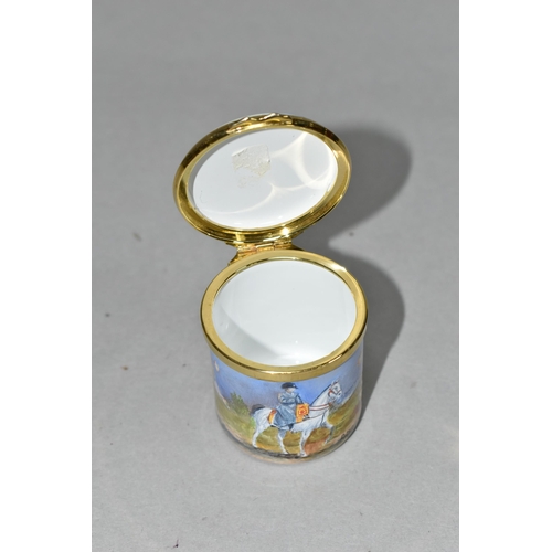 346 - A PETER GRAVES (HERITAGE COLLECTIONS ENGLISH ENAMEL BOXES) CYLINDRICAL BOX WITH HINGED COVER, hand p... 