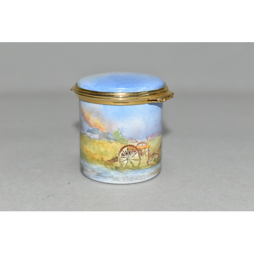 347 - A PETER GRAVES (HERITAGE COLLECTIONS ENGLISH ENAMEL BOXES) CYLINDRICAL BOX WITH HINGED COVER, hand p... 