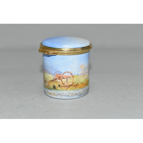 347 - A PETER GRAVES (HERITAGE COLLECTIONS ENGLISH ENAMEL BOXES) CYLINDRICAL BOX WITH HINGED COVER, hand p... 