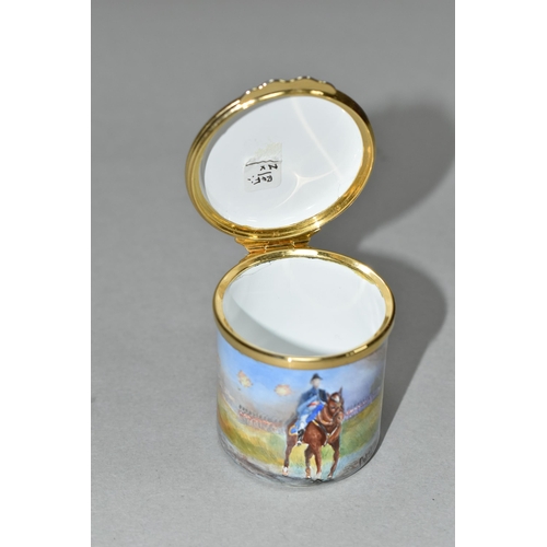 347 - A PETER GRAVES (HERITAGE COLLECTIONS ENGLISH ENAMEL BOXES) CYLINDRICAL BOX WITH HINGED COVER, hand p... 