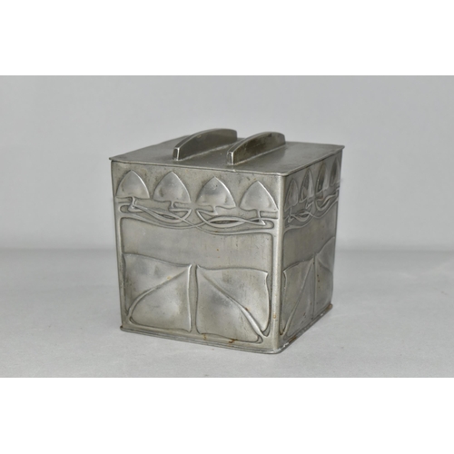 349 - A LIBERTY TUDRIC PEWTER BISCUIT BOX AND COVER, designed by Archibald Knox, of cube form, with relief... 