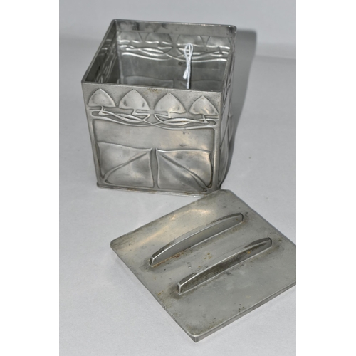 349 - A LIBERTY TUDRIC PEWTER BISCUIT BOX AND COVER, designed by Archibald Knox, of cube form, with relief... 