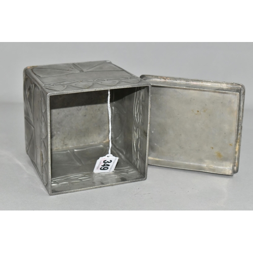 349 - A LIBERTY TUDRIC PEWTER BISCUIT BOX AND COVER, designed by Archibald Knox, of cube form, with relief... 