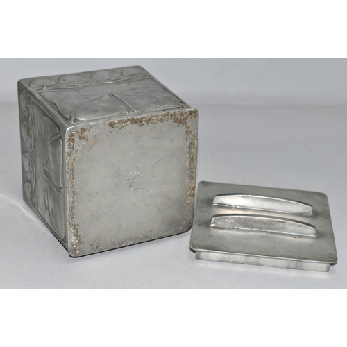 349 - A LIBERTY TUDRIC PEWTER BISCUIT BOX AND COVER, designed by Archibald Knox, of cube form, with relief... 