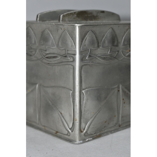 349 - A LIBERTY TUDRIC PEWTER BISCUIT BOX AND COVER, designed by Archibald Knox, of cube form, with relief... 