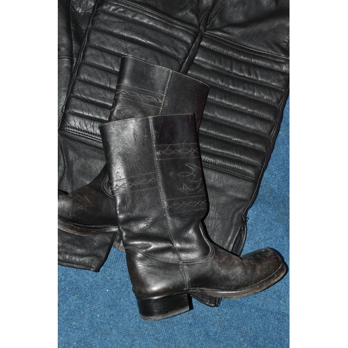 353 - TWO BLACK LEATHER MOTORCYCLE JACKETS, together with three pairs of black leather motorcycle trousers... 