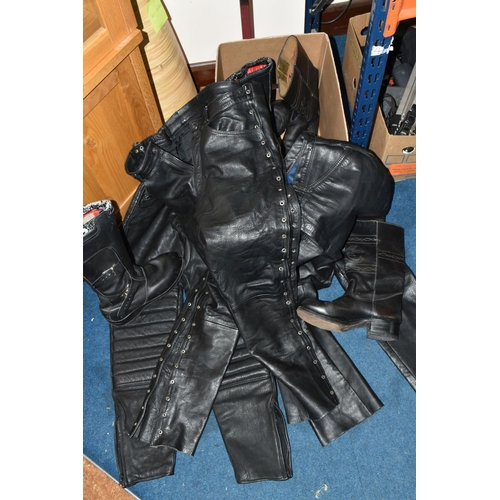 353 - TWO BLACK LEATHER MOTORCYCLE JACKETS, together with three pairs of black leather motorcycle trousers... 